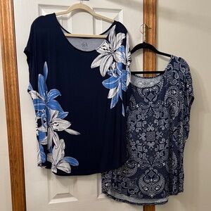 Set of 2 Westport 1962 (W62) Floral & Paisley Navy Blue Women's Tops—size 2X